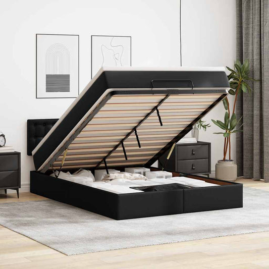 Ottoman-Bett mit Matratzen & LEDs Schwarz 140x190 cm Kunstleder