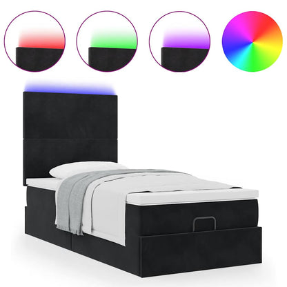 Ottoman-Bett mit Matratzen & LEDs Schwarz 90x200 cm Samt