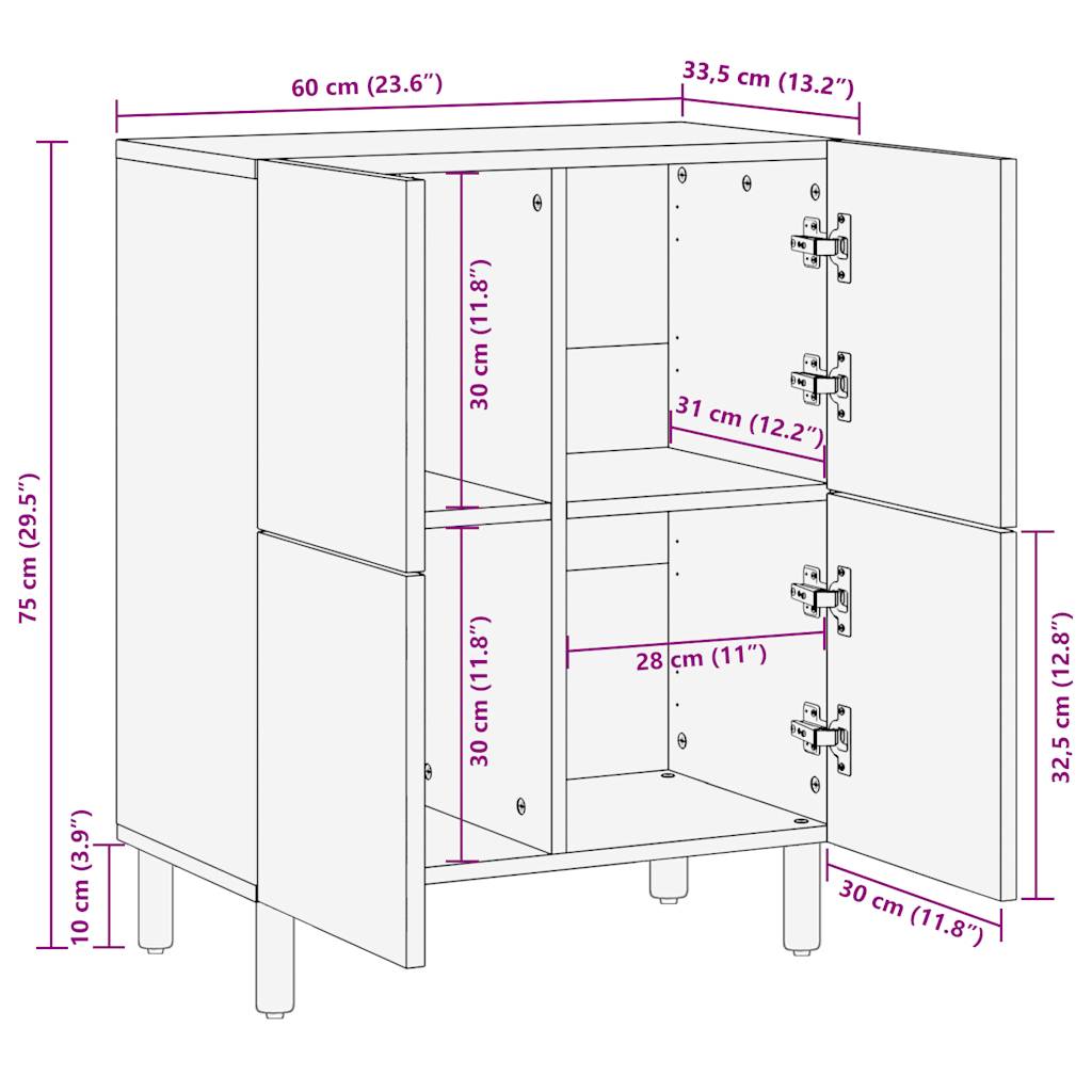 Sideboard 60x33,5x75 cm Raues Mangoholz