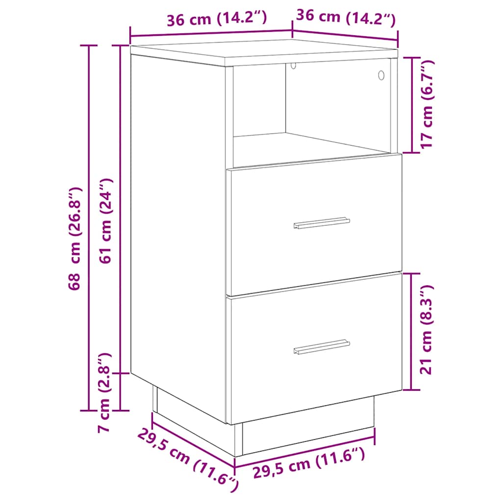 Nachttisch mit 2 Schubladen Altholz-Optik 36x36x68 cm