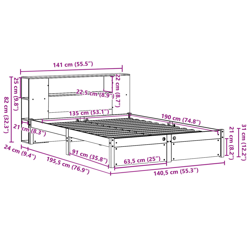 Massivholzbett mit Regal ohne Matratze 135x190 cm Kiefernholz