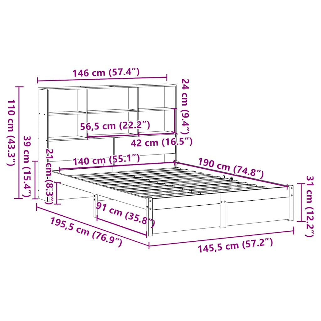 Massivholzbett mit Regal ohne Matratze 140x190 cm Kiefernholz