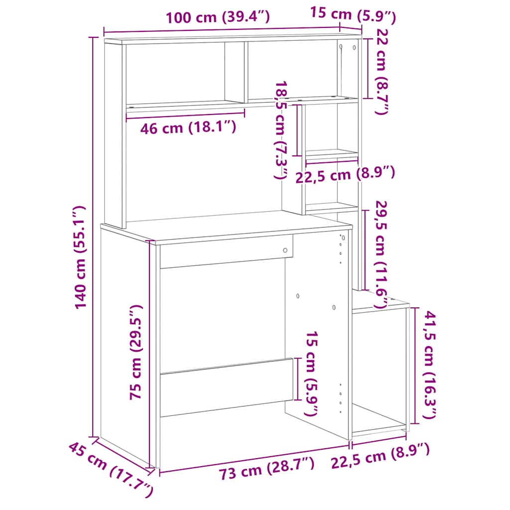 Schreibtisch mit Regal Betongrau 100x45x140 cm Holzwerkstoff