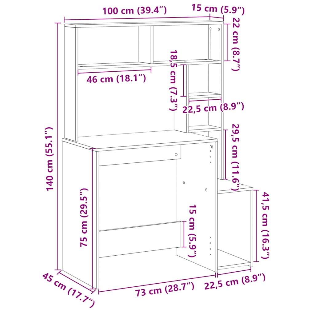 Schreibtisch mit Regal Räuchereiche 100x45x140 cm Holzwerkstoff