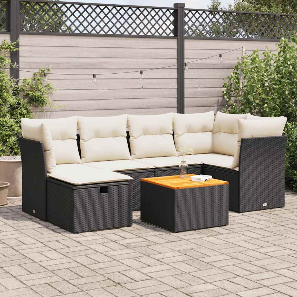 7-tlg. Garten-Sofagarnitur mit Kissen Schwarz Poly Rattan