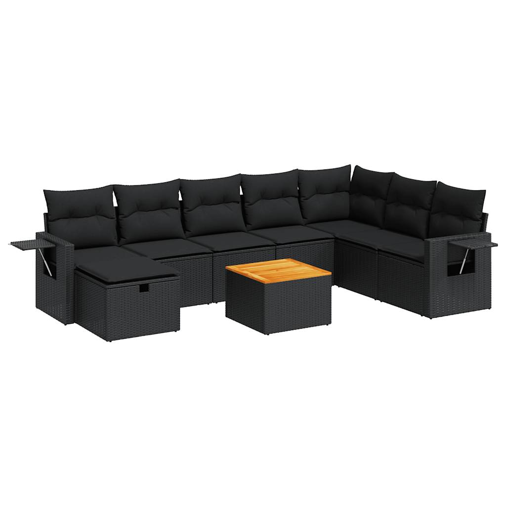 9-tlg. Garten-Sofagarnitur mit Kissen Schwarz Poly Rattan