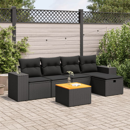 6-tlg. Garten-Sofagarnitur mit Kissen Schwarz Poly Rattan