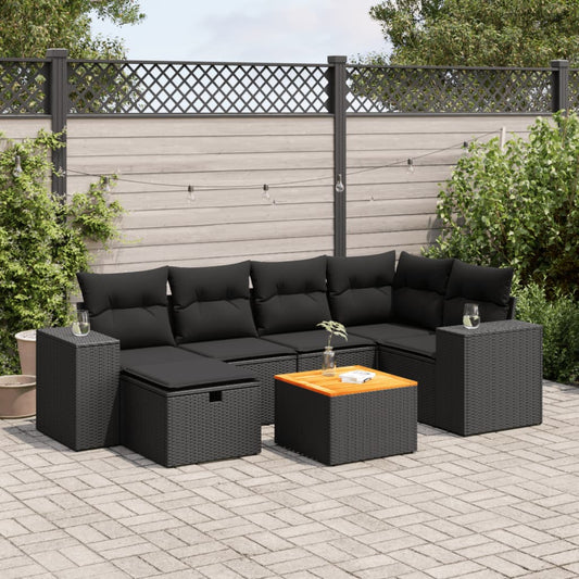 7-tlg. Garten-Sofagarnitur mit Kissen Schwarz Poly Rattan