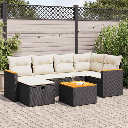 7-tlg. Garten-Sofagarnitur mit Kissen Schwarz Poly Rattan