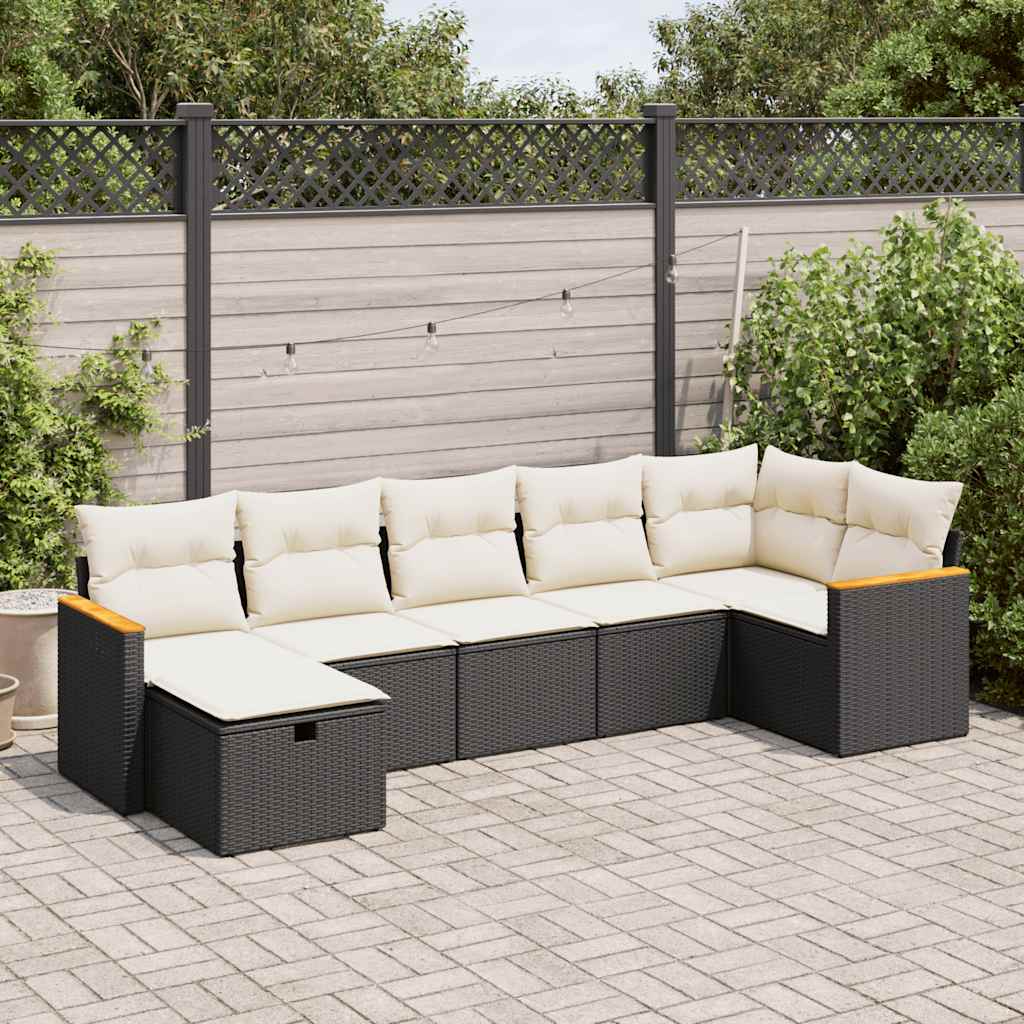 7-tlg. Garten-Sofagarnitur mit Kissen Schwarz Poly Rattan