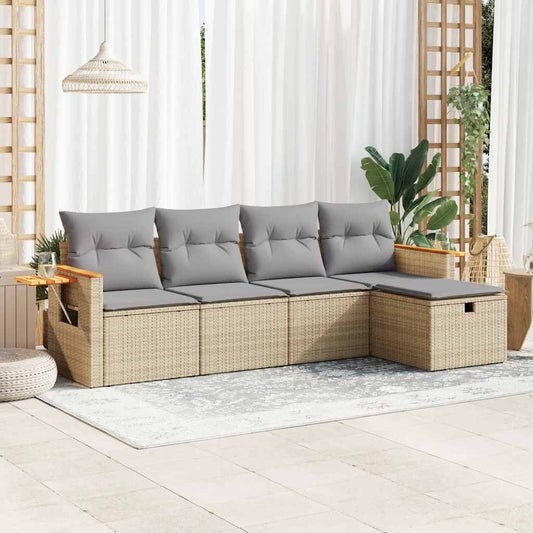 5-tlg. Garten-Sofagarnitur mit Kissen Beige Poly Rattan