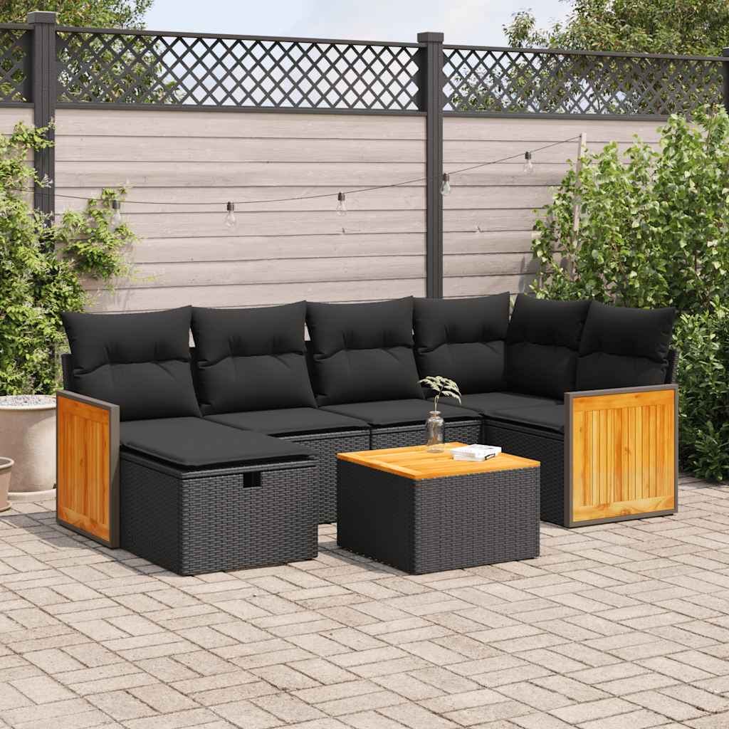 7-tlg. Garten-Sofagarnitur mit Kissen Schwarz Poly Rattan