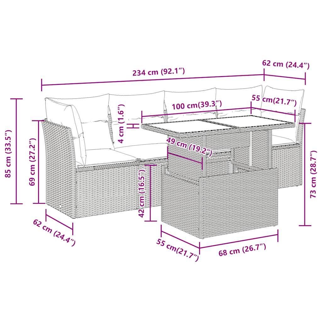 5-tlg. Garten-Sofagarnitur mit Kissen Schwarz Poly Rattan