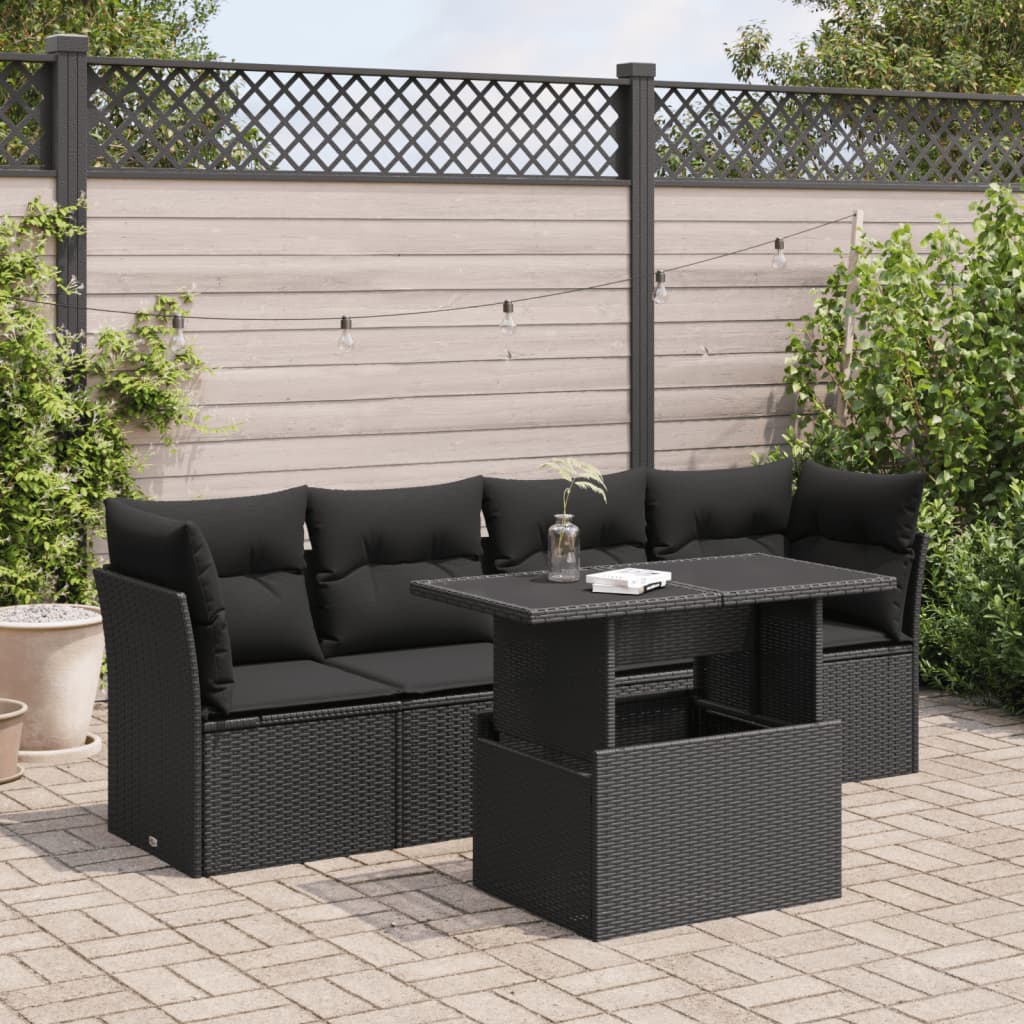 5-tlg. Garten-Sofagarnitur mit Kissen Schwarz Poly Rattan