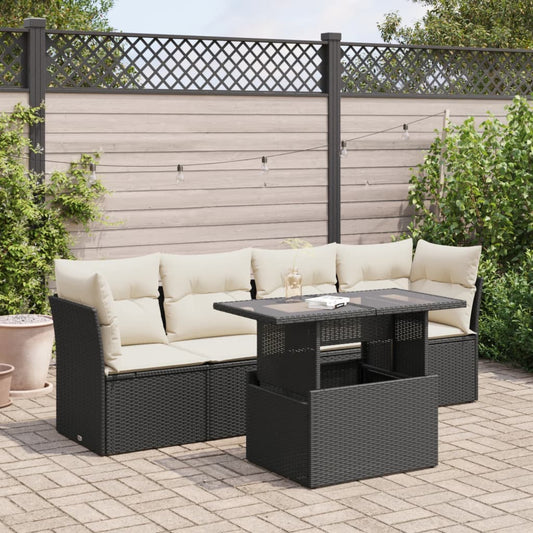 5-tlg. Garten-Sofagarnitur mit Kissen Schwarz Poly Rattan