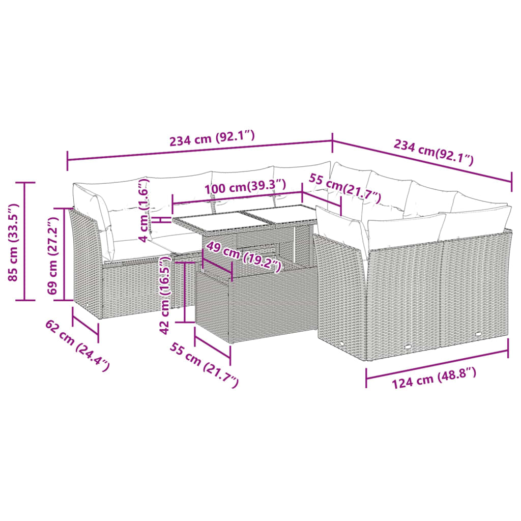 9-tlg. Garten-Sofagarnitur mit Kissen Schwarz Poly Rattan