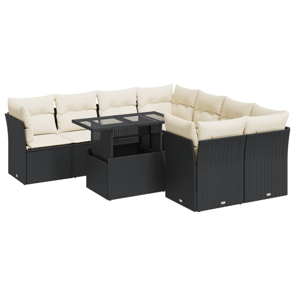 9-tlg. Garten-Sofagarnitur mit Kissen Schwarz Poly Rattan