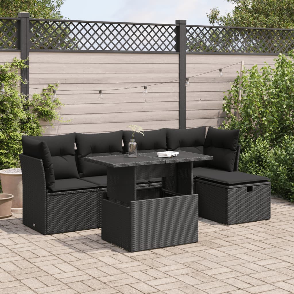 6-tlg. Garten-Sofagarnitur mit Kissen Schwarz Poly Rattan