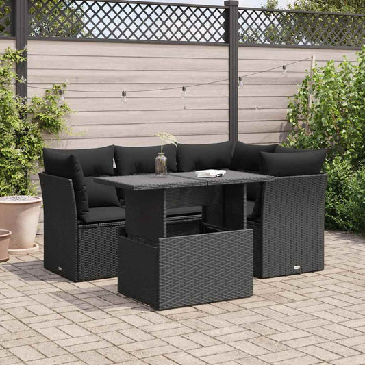 5-tlg. Garten-Sofagarnitur mit Kissen Schwarz Poly Rattan