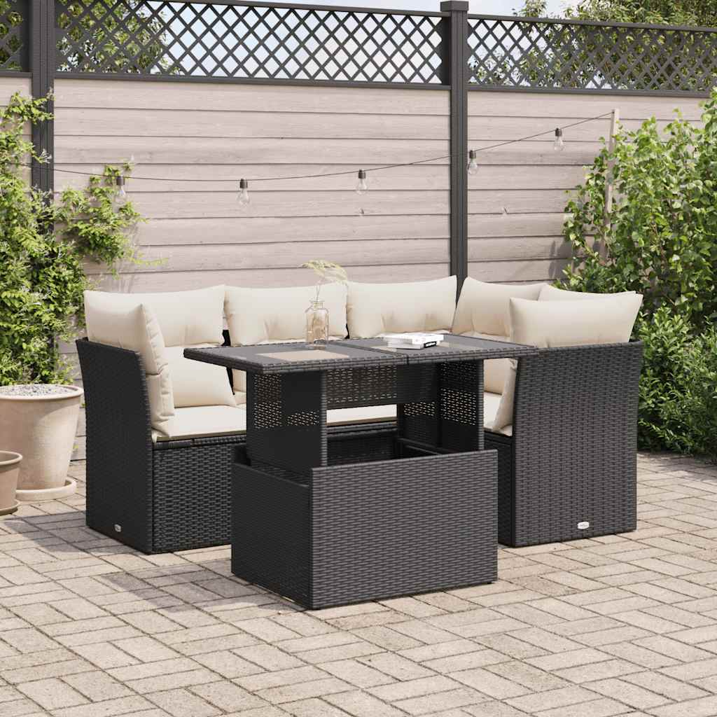 5-tlg. Garten-Sofagarnitur mit Kissen Schwarz Poly Rattan