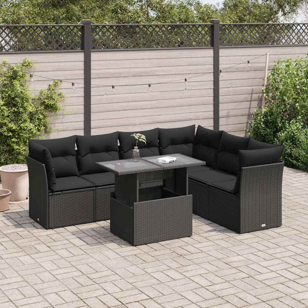 7-tlg. Garten-Sofagarnitur mit Kissen Schwarz Poly Rattan