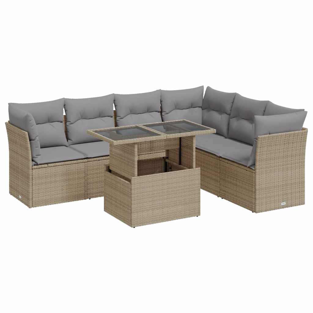 7-tlg. Garten-Sofagarnitur mit Kissen Beige Poly Rattan