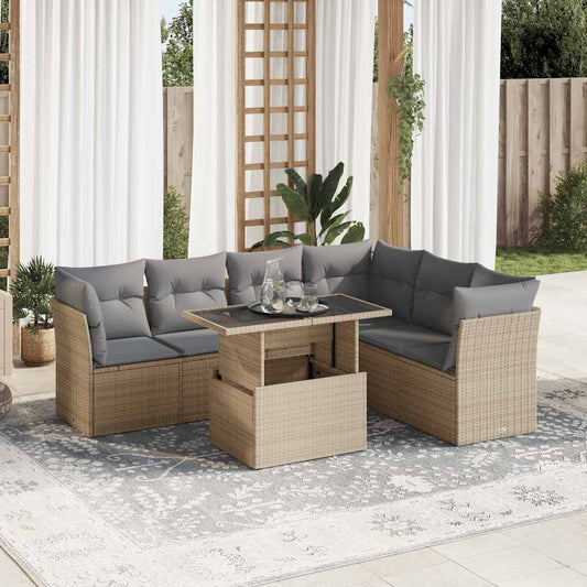 7-tlg. Garten-Sofagarnitur mit Kissen Beige Poly Rattan