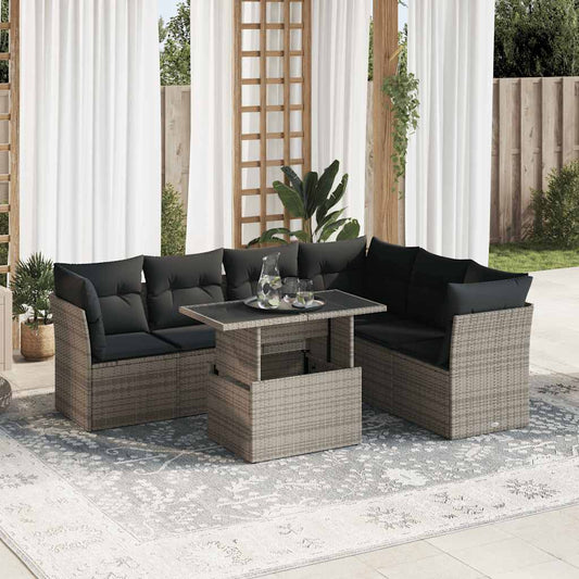 7-tlg. Garten-Sofagarnitur mit Kissen Grau Poly Rattan