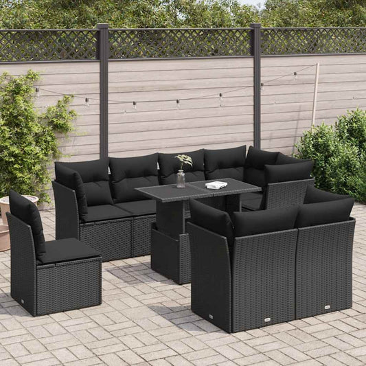 9-tlg. Garten-Sofagarnitur mit Kissen Schwarz Poly Rattan