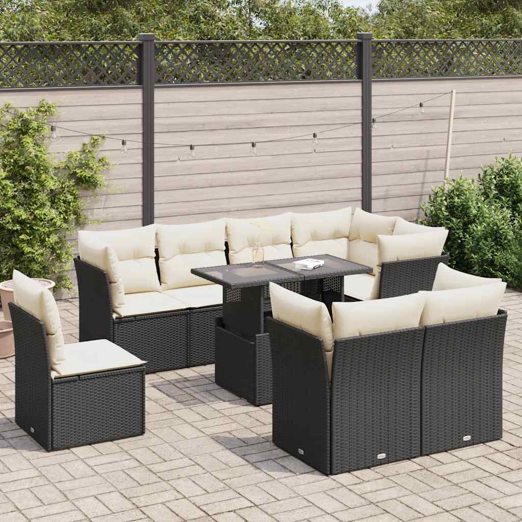 9-tlg. Garten-Sofagarnitur mit Kissen Schwarz Poly Rattan