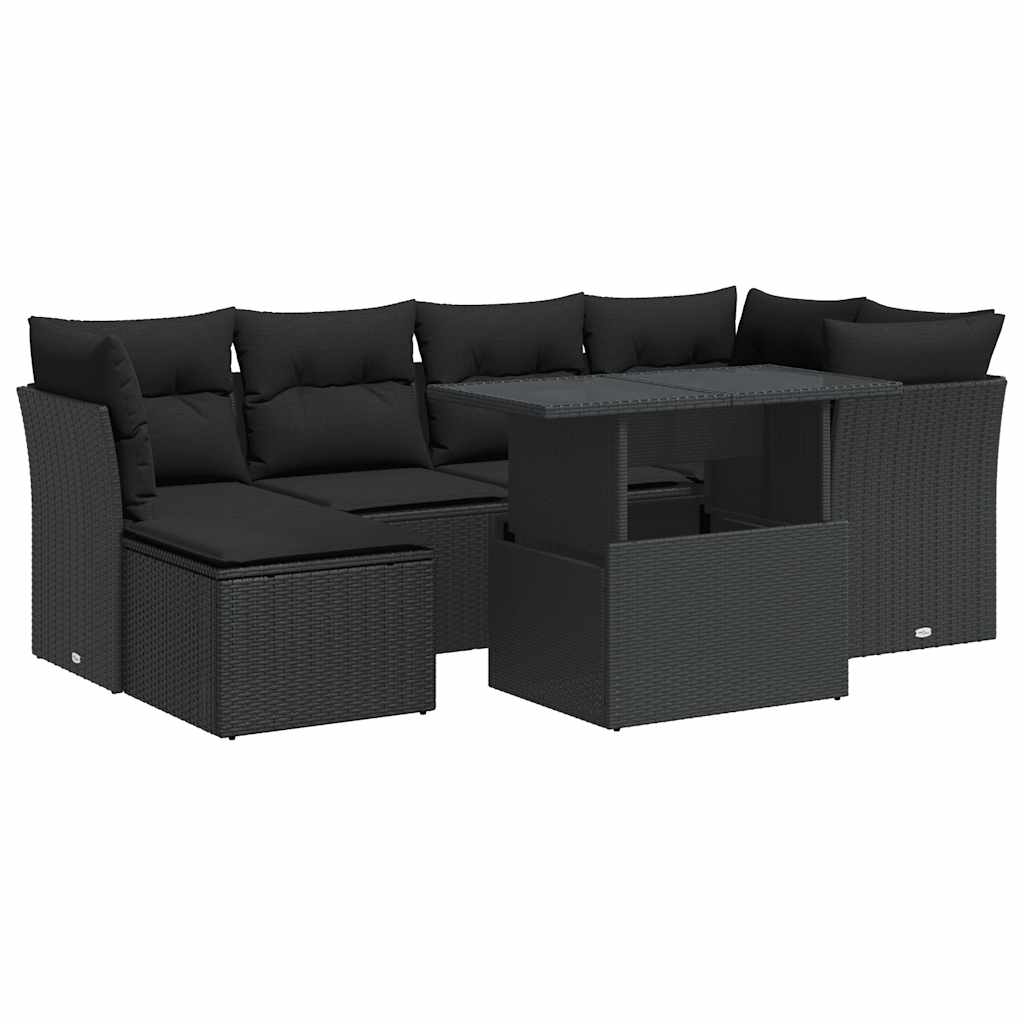 7-tlg. Garten-Sofagarnitur mit Kissen Schwarz Poly Rattan