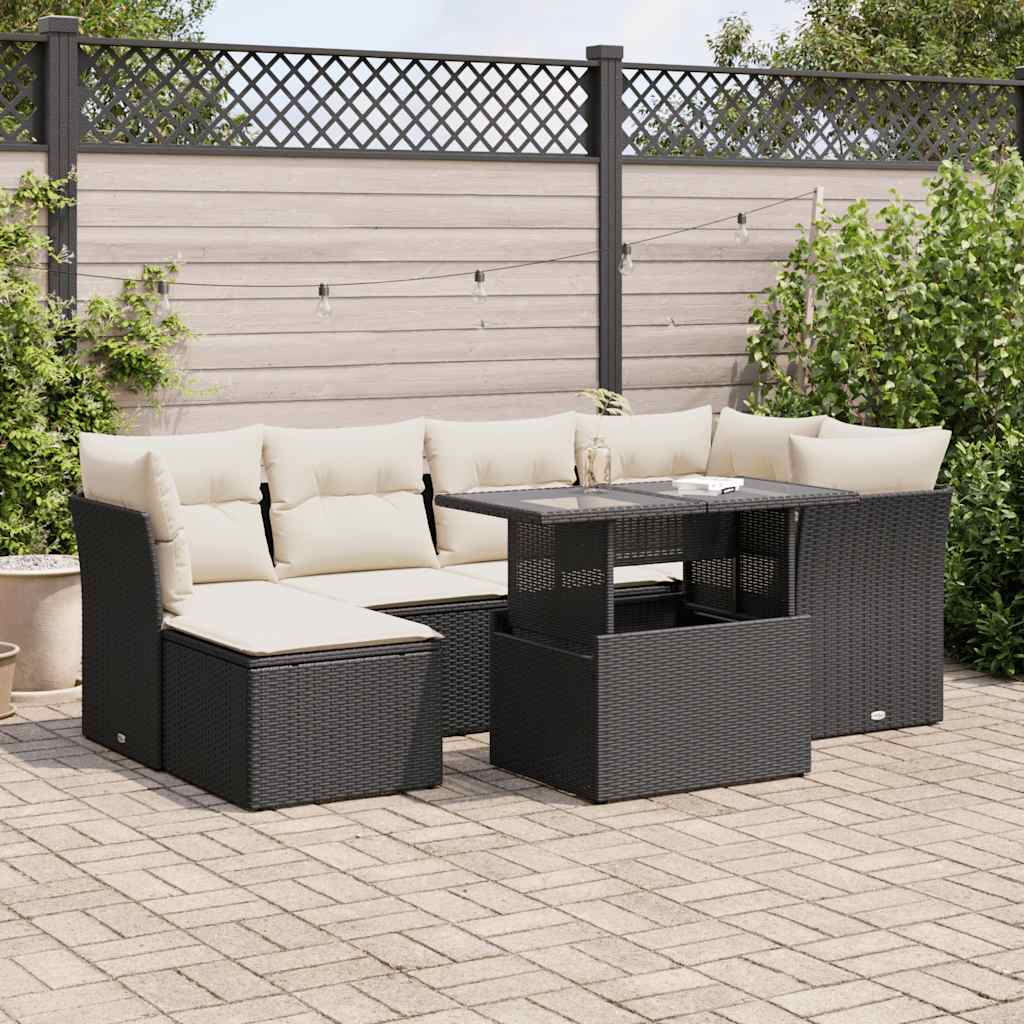 7-tlg. Garten-Sofagarnitur mit Kissen Schwarz Poly Rattan