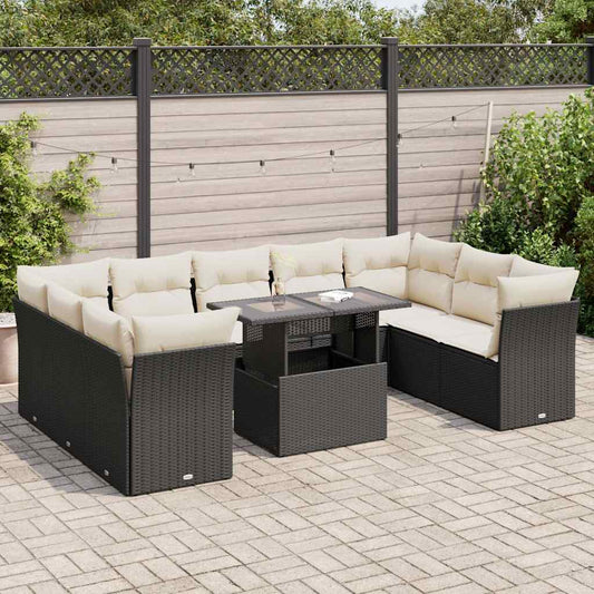 10-tlg. Garten-Sofagarnitur mit Kissen Schwarz Poly Rattan