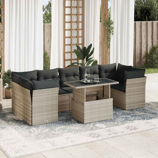 10-tlg. Garten-Sofagarnitur mit Kissen Hellgrau Poly Rattan