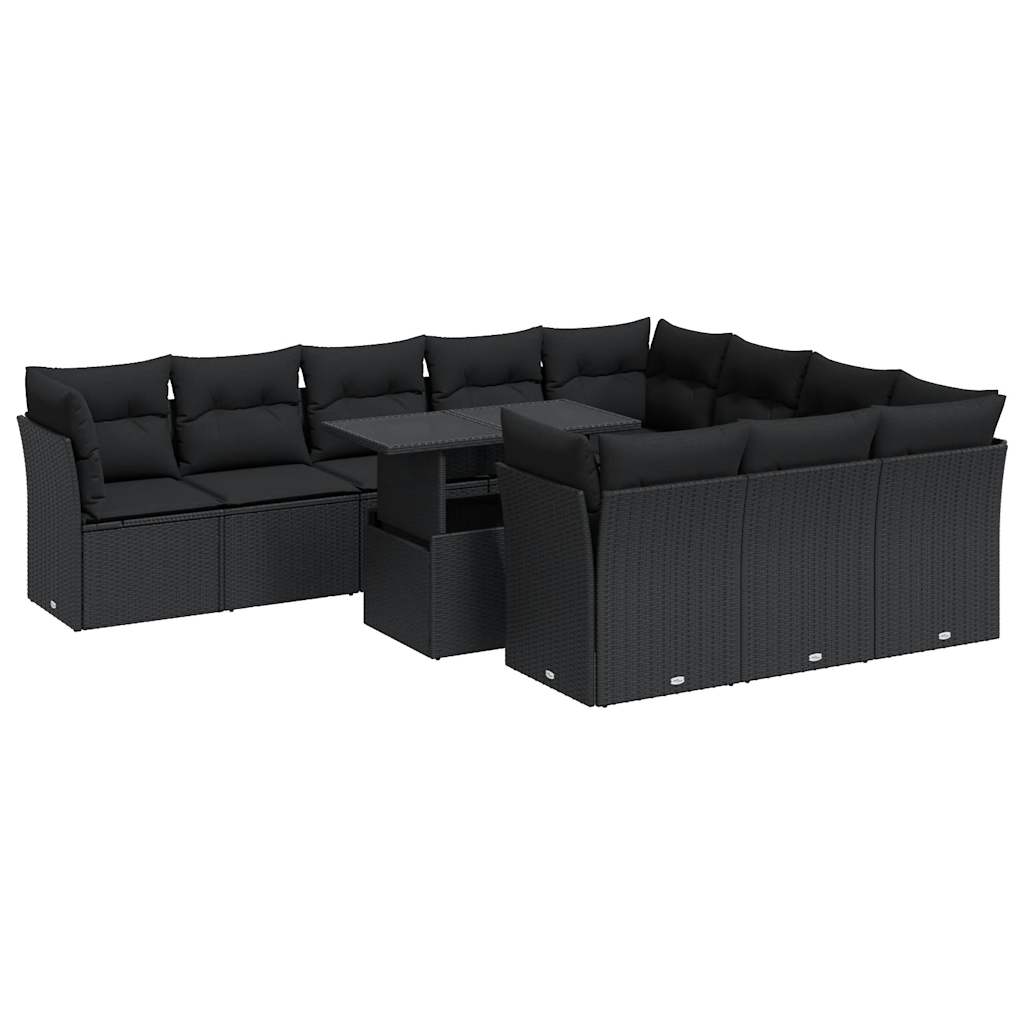 11-tlg. Garten-Sofagarnitur mit Kissen Schwarz Poly Rattan