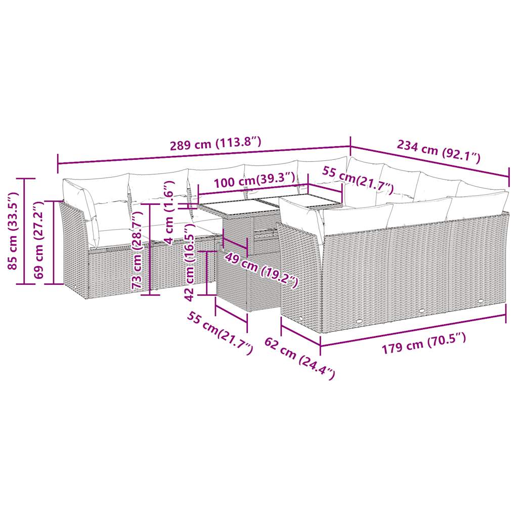 11-tlg. Garten-Sofagarnitur mit Kissen Schwarz Poly Rattan