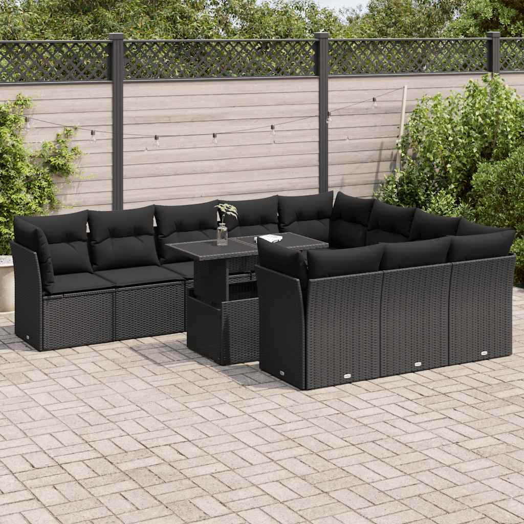 11-tlg. Garten-Sofagarnitur mit Kissen Schwarz Poly Rattan