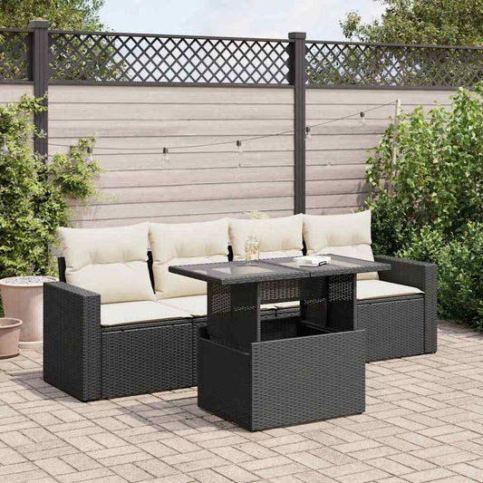 5-tlg. Garten-Sofagarnitur mit Kissen Schwarz Poly Rattan