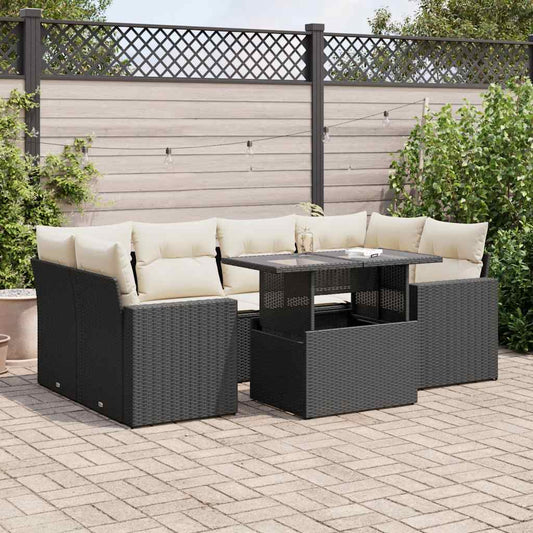 7-tlg. Garten-Sofagarnitur mit Kissen Schwarz Poly Rattan