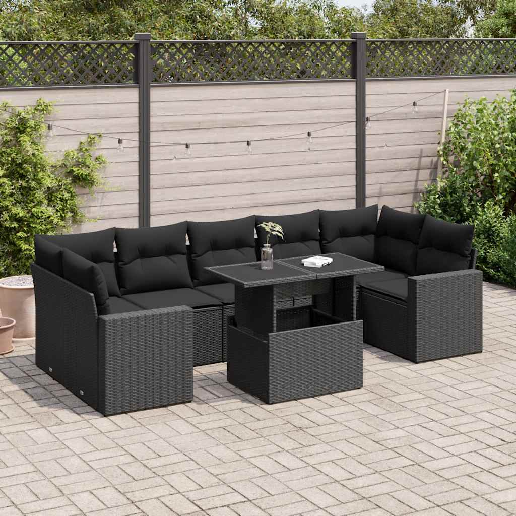 8-tlg. Garten-Sofagarnitur mit Kissen Schwarz Poly Rattan