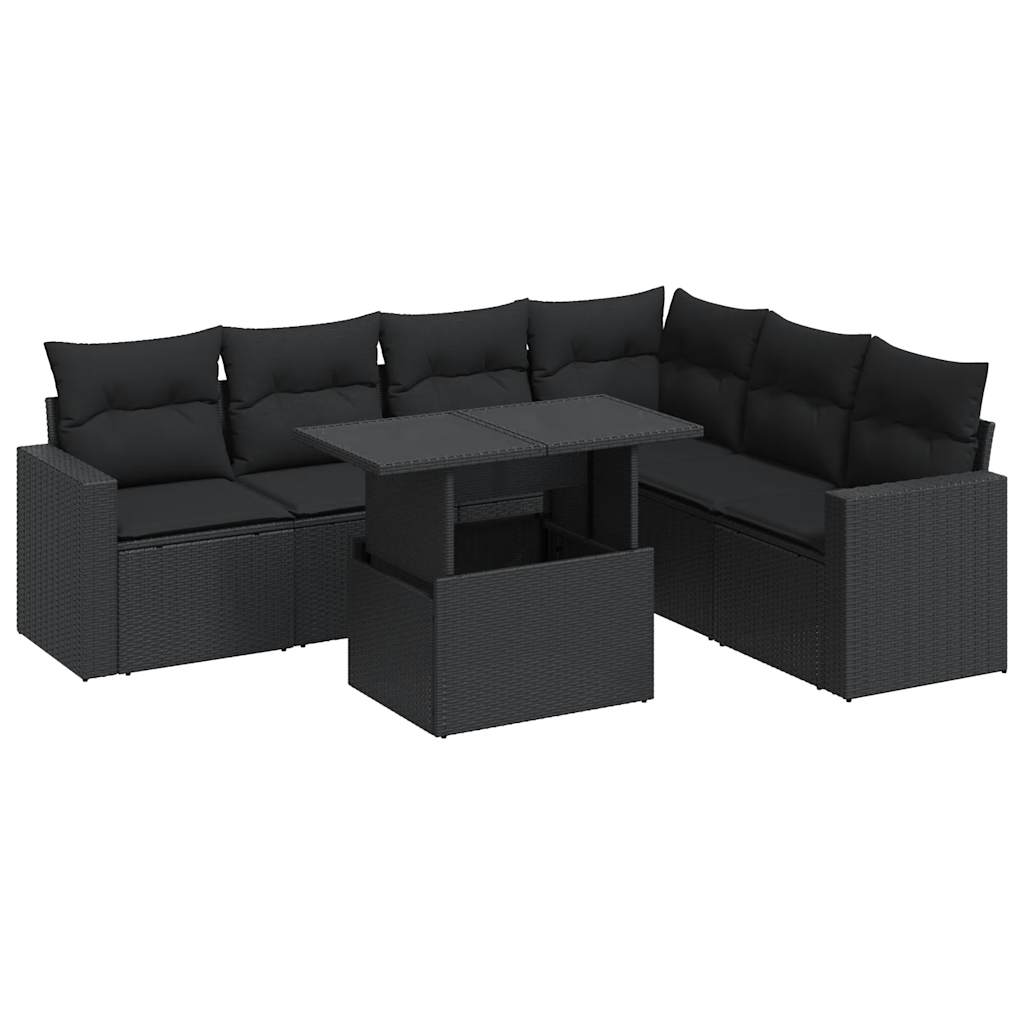 7-tlg. Garten-Sofagarnitur mit Kissen Schwarz Poly Rattan