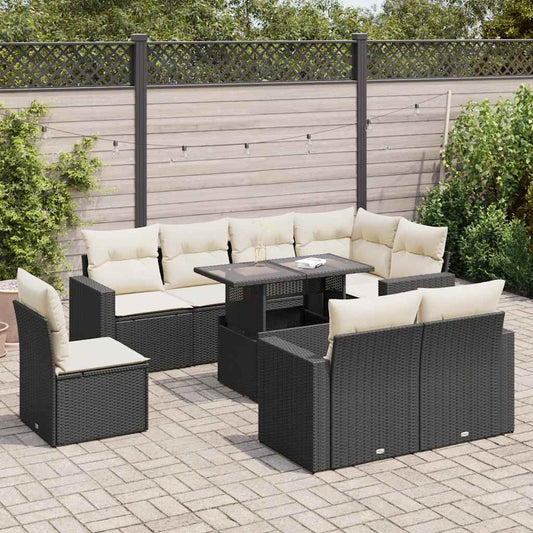 9-tlg. Garten-Sofagarnitur mit Kissen Schwarz Poly Rattan