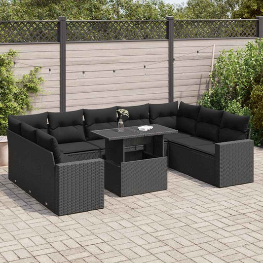 10-tlg. Garten-Sofagarnitur mit Kissen Schwarz Poly Rattan