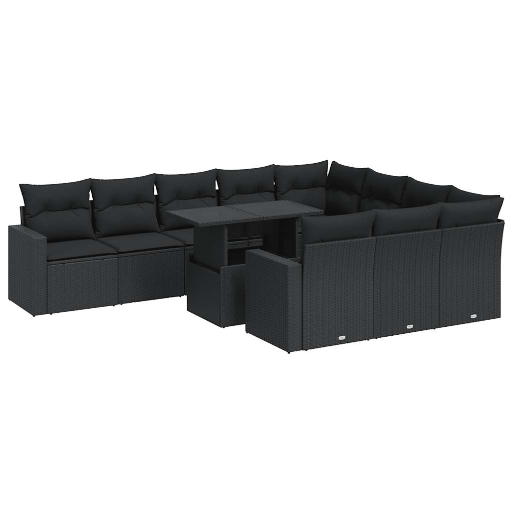 11-tlg. Garten-Sofagarnitur mit Kissen Schwarz Poly Rattan