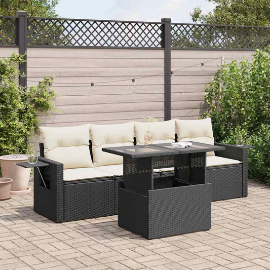 5-tlg. Garten-Sofagarnitur mit Kissen Schwarz Poly Rattan