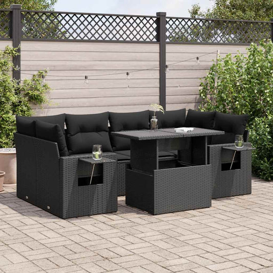 7-tlg. Garten-Sofagarnitur mit Kissen Schwarz Poly Rattan