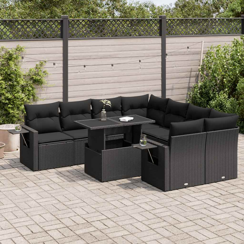 9-tlg. Garten-Sofagarnitur mit Kissen Schwarz Poly Rattan