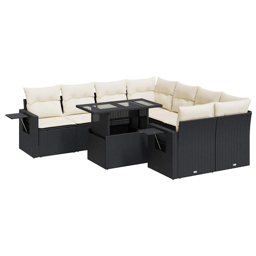 9-tlg. Garten-Sofagarnitur mit Kissen Schwarz Poly Rattan