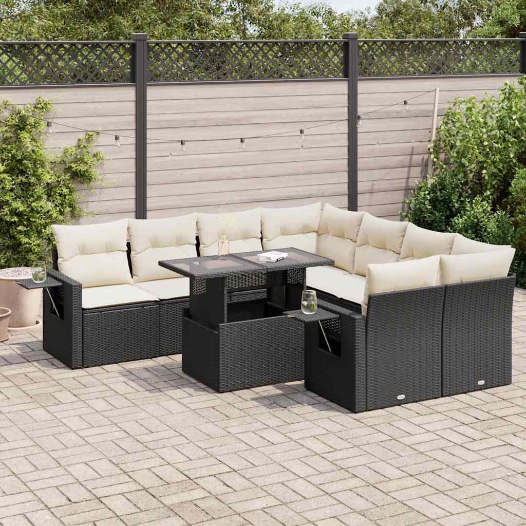 9-tlg. Garten-Sofagarnitur mit Kissen Schwarz Poly Rattan