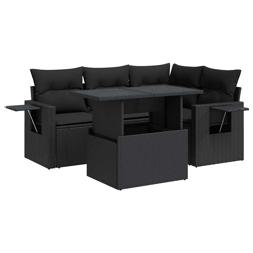 5-tlg. Garten-Sofagarnitur mit Kissen Schwarz Poly Rattan